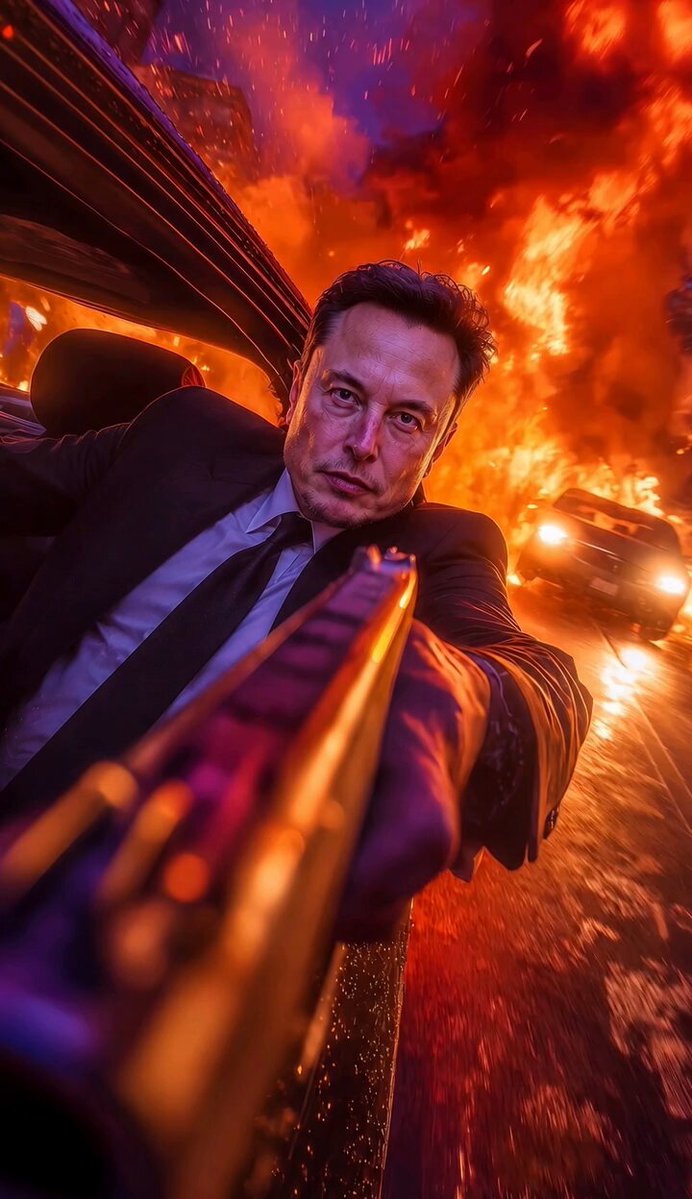 The image features a man dressed in a suit, holding a gun with his right hand while sitting inside a car. He appears to be posing for the camera or possibly pointing the gun at someone. The background of the photo shows a fire burning on the street next to the car, creating an intense and dramatic atmosphere. The caption below the image reads "Grok Imagine keeps leveling up. The video quality is absolutely insane now. Download @Grok and try it yourself." This suggests that the image might be related to a movie or TV show featuring the character Grok from the Marvel Cinematic Universe.