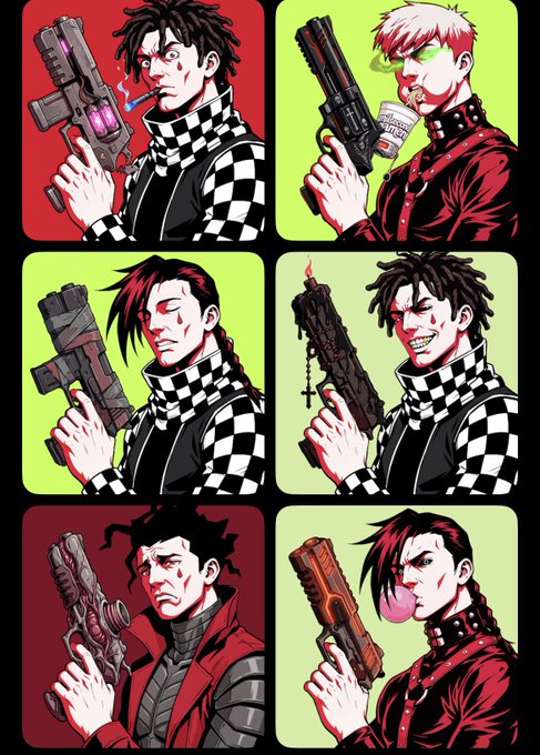 Six stylized anime-inspired characters with varied hairstyles, weapons, and edgy fashion pose in a 2x3 grid with vibrant red and green backgrounds, matching the cyberpunk NFT aesthetic referenced in the tweet about the "madjacket" OpenSea collection.