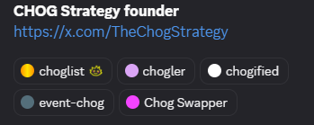 Profile card displaying "CHOG Strategy founder" with the link https://x.com/TheChogStrategy and roles: choglist, chogler, chogified, event-chog, and Chog Swapper.