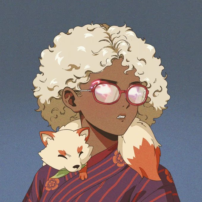 An anime-style portrait of a young person with voluminous blonde curly hair, pink-rimmed glasses reflecting light, wearing a purple kimono with red floral patterns, with a small white and orange fox-like creature perched on their shoulder.