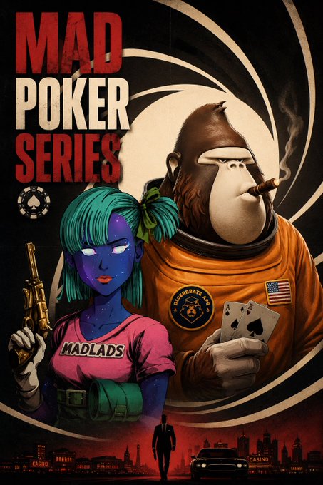 A stylized movie poster titled "MAD POKER SERIES" featuring a blue-skinned woman holding a golden pistol alongside a cigar-smoking ape astronaut holding playing cards, with "MADLADS" and "DEGENERATE APE" patches visible on their outfits—evoking a cinematic mashup of pulp and sci-fi that visually reinforces the community poker event hosted between Mad Lads and Degen Ape Academy.