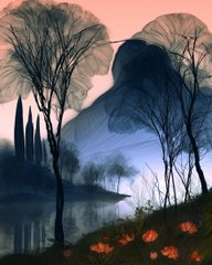 A moody landscape illustration showing dark silhouetted trees, a large figure resembling a creature in the background, a calm lake reflecting the pinkish sky, and orange flowers in the foreground.