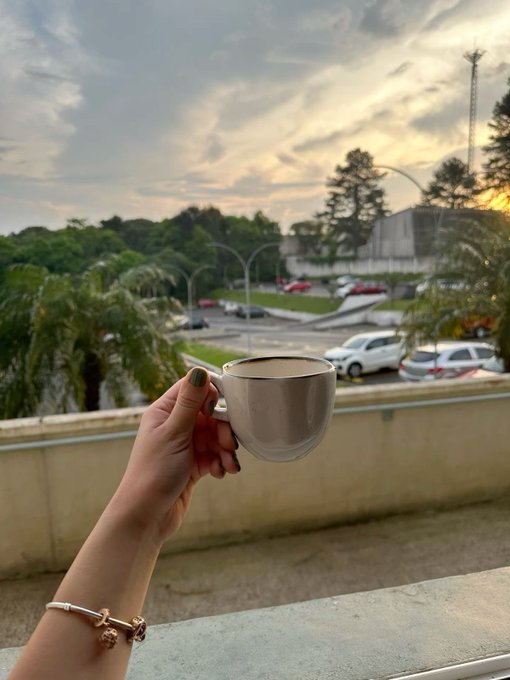 A hand holding a beige coffee mug in the foreground, overlooking a sunset scene with palm trees, parked cars, and a communications tower in the background.