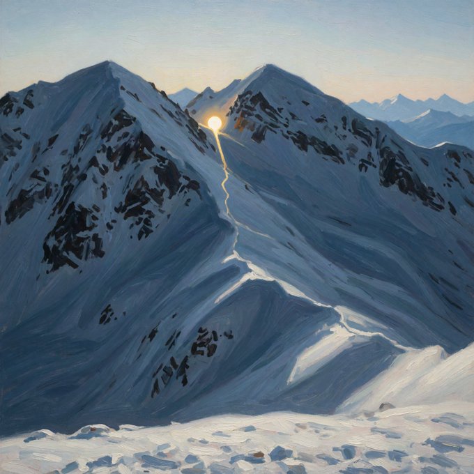 A painterly artwork of snow-covered mountains under a pale sky, featuring a glowing sun on the horizon with a bright golden stream of light cascading down the central peak.