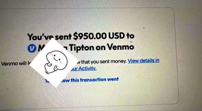 A Venmo transaction confirmation on a screen showing '$950.00 USD' sent to a recipient, partially obscured by a ghost sticker image.