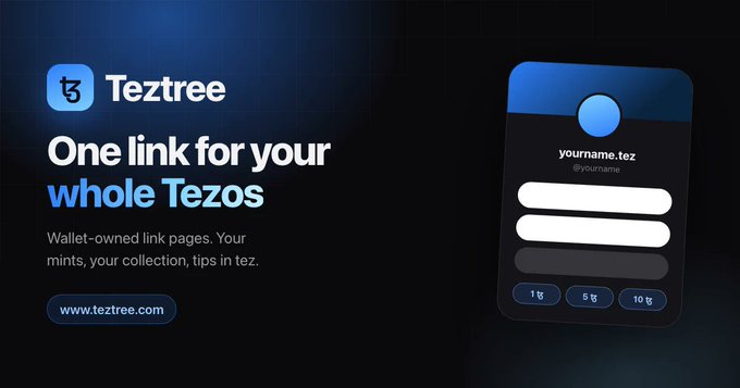 A promotional banner for 'Teztree' featuring the tagline 'One link for your whole Tezos' and the URL www.teztree.com, alongside a mockup of a profile page showing 'yourname.tez' with tip amounts of 1 tz, 5 tz, and 10 tz.