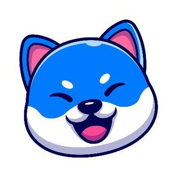 A simple cartoon illustration of a happy blue and white shiba inu dog face with closed, smiling eyes and an open pink mouth.