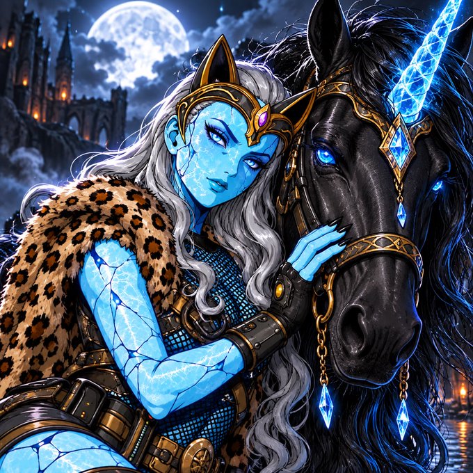 A fantasy digital illustration depicts a blue-skinned woman with a crown and silver hair standing next to a black unicorn with glowing blue eyes, with a castle and moon in the background.