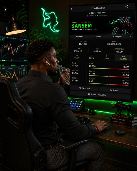 A young man drinks from a water bottle while sitting in a green-lit gaming/crypto setup, looking at a large monitor displaying the '$ANSEM' (The Black Bull) meme coin on Solana with a price of $0.15999, 1.6M liquidity, and a $159.9M market cap, alongside trading charts.