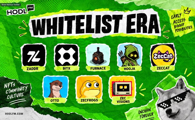 A promotional graphic for 'HODL FM Whitelist Era' showcasing various NFT projects including ZADDR, BITX, FURNACE, HOOJA, ZECCAT, OTTO, ZECFROGS, and ZEC VISIONS, with a 'thug life' doge meme wearing pixelated sunglasses.