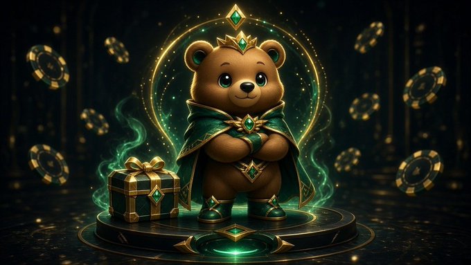 A digital illustration of an anthropomorphic teddy bear character wearing a green cape and crown, standing on a pedestal surrounded by floating poker chips and a gift box.