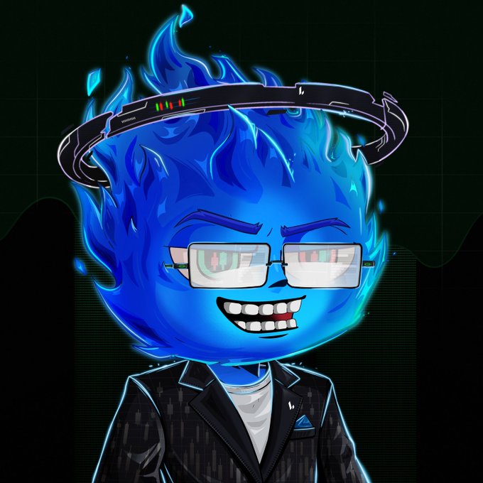 A cartoon-style character with a blue flame for a head, wearing glasses, a halo/ring above its head, and a black pinstripe suit, grins mischievously.
