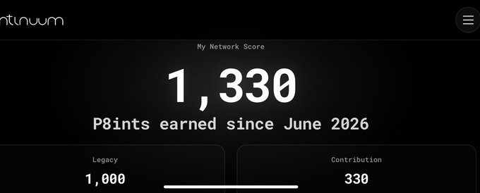 A Continuum app dashboard showing a 'My Network Score' of 1,330 P8ints earned since June 2026, broken down into 1,000 Legacy and 330 Contribution.