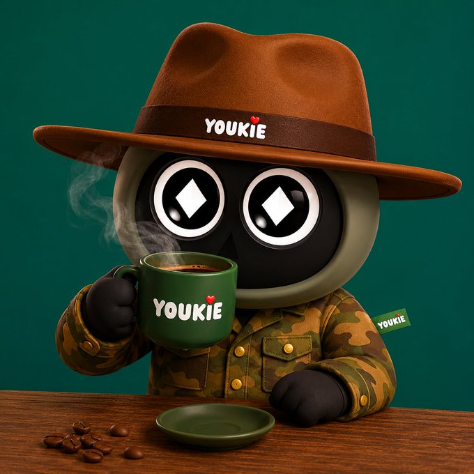 A cute black cartoon character wearing a brown hat labeled "YOUKIE" and camouflage jacket sips from a green "YOUKIE" mug of coffee, with steam rising and coffee beans scattered on the wooden table. The relaxed, lifestyle-oriented image of the branded character reinforces the post's message about NFTs providing tangible, everyday value and experiences rather than just digital ownership.