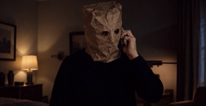 A person in a dark room holds a phone to their ear while wearing a crumpled brown paper bag over their head with holes cut out for eyes, set in a dimly lit bedroom with a lamp and framed pictures in the background. The image humorously references the iconic "Taken" movie scene, with the bag-masked figure parodying the famous phone threat, now reimagined as a meme-driven ultimatum involving $ZCAT tokens.