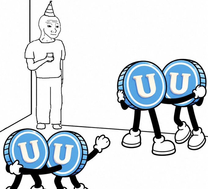 A line drawing shows a person wearing a party hat holding a cup, standing near anthropomorphized coins with 'U' logos that have cartoon arms and legs.