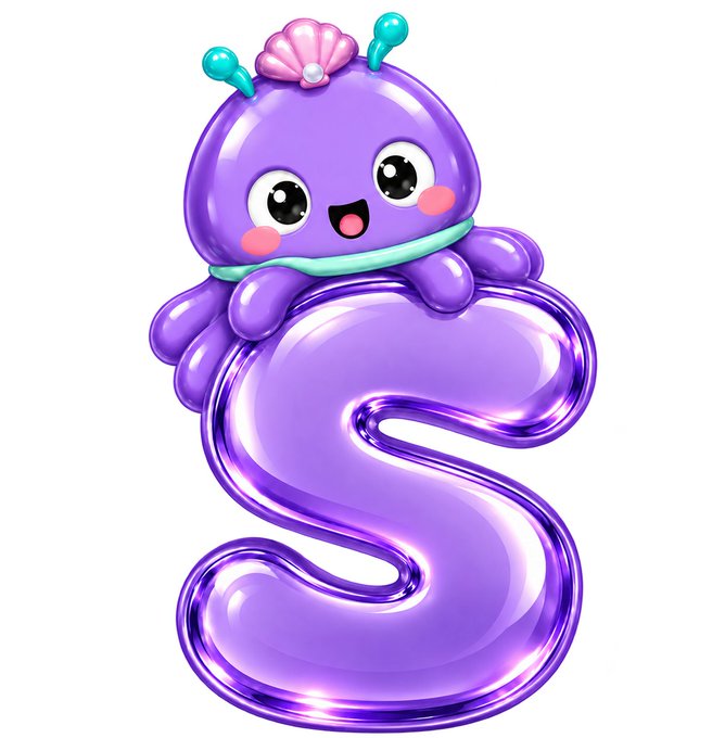 A cute purple octopus character with a seashell and antennae on its head sits atop a glossy purple letter "S," fitting the caption's reference to a playful, squishy toy brand.