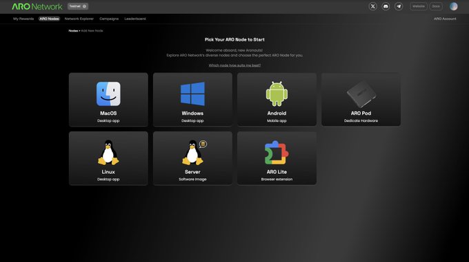 The image displays the "ARO Network Explorer" dashboard with options to pick an "ARO Node to Start," including MacOS, Windows, Android, Linux, Server, ARO Pod, and ARO Lite deployment choices. This visual supports the community notice by highlighting the **ARO Pod** as a distinct option on the platform, reinforcing that it is the only officially sold device among the available node configurations.