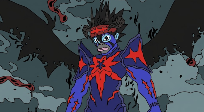 An anime-style illustration of a horned character with blue skin, red markings, and large black bat wings against a dark cloudy background.