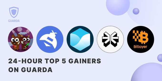 A Guarda crypto wallet promotional graphic displaying '24-HOUR TOP 5 GAINERS ON GUARDA' featuring five cryptocurrency logos including Bitlayer.