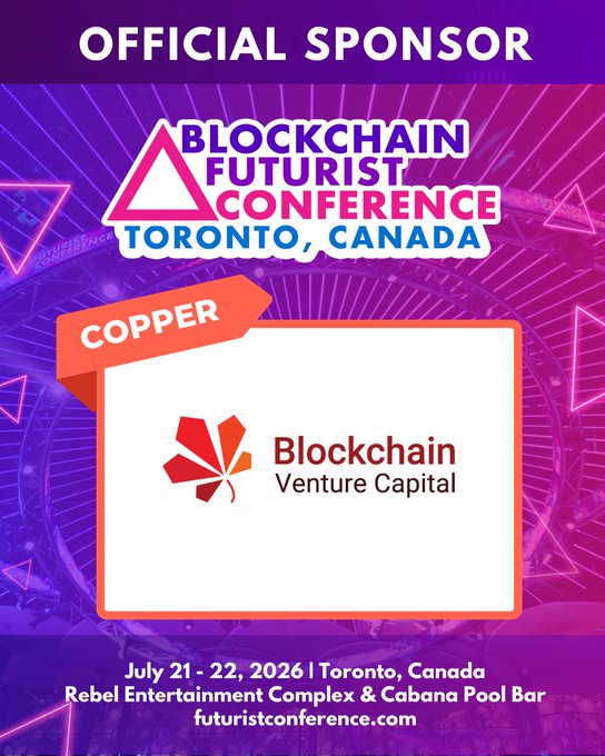 Promotional graphic announcing Blockchain Venture Capital as an Official Copper Sponsor of the Blockchain Futurist Conference in Toronto, Canada, scheduled for July 21-22, 2026, at the Rebel Entertainment Complex & Cabana Pool Bar (futuristconference.com).