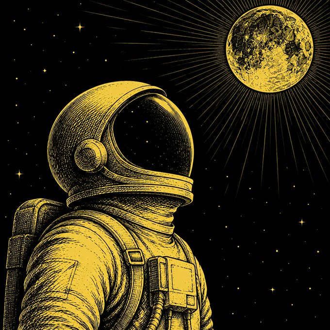 A gold and black engraving-style illustration of an astronaut gazing up at a detailed moon with radiating lines, set against a starry space background.