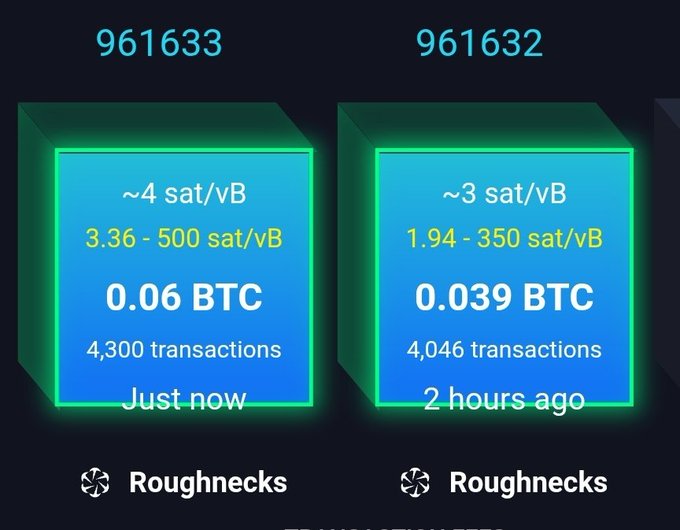 The image shows two Bitcoin blocks (961633 and 961632) mined by "Roughnecks," with the most recent block (961633) containing only ~4 sat/vB fees earning 0.06 BTC from 4,300 transactions, and the prior block earning just 0.039 BTC. The post critiques Roughnecks for continuing to mine their "shitcoin" at full Bitcoin difficulty following the BIP110 failure, highlighting the substantial opportunity cost and impracticality of their efforts.