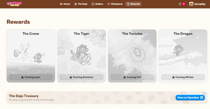 A "CHIPDOGS" Rewards webpage shows four locked NFT-style cards titled "The Crane" (Coming soon), "The Tiger" (Coming Summer), "The Tortoise" (Coming Fall), and "The Dragon" (Coming Winter), with a "View on OpenSea" button for The Dojo Treasury.