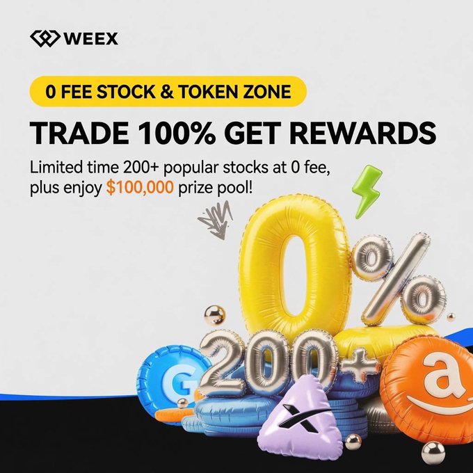A WEEEX promotional advertisement for a '0 FEE STOCK & TOKEN ZONE' campaign offering a $100,000 prize pool and featuring balloon graphics of the number '0%'.