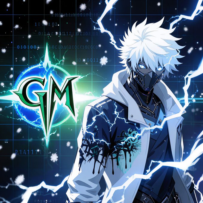 An anime-style digital artwork of a white-haired male character wearing a black mask and blue jacket, surrounded by lightning effects and binary code, with a green 'GM' logo on the left.