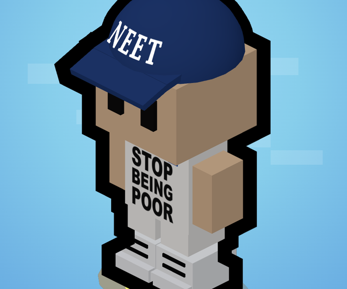 A blocky cartoon character wearing a navy "NEET" cap holds a sign reading "STOP BEING POOR." The image humorously ties into the post's crypto referral pitch ("use code 'BSOL' refer players, earn $KINS") by poking fun at the financial motivation behind promoting referral codes.