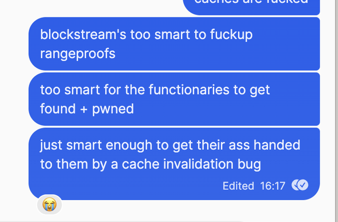 A screenshot of iMessage texts about Blockstream's involvement in a cache invalidation bug related to rangeproofs, with the post reporting that a rangeproof validation bug was exploited on Liquid's Elements blockchain to steal 4,000 bitcoins.