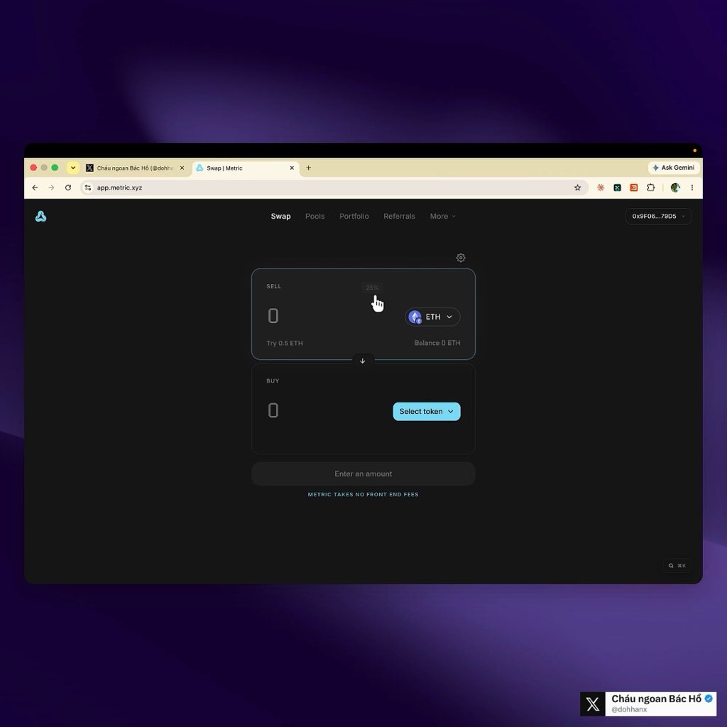 A browser window displays the dark-themed “Swap | Metric” interface at app.metric.xyz, with navigation links “Swap,” “Pools,” “Portfolio,” “Referrals,” and “More.” The swap form shows “SELL” with ETH selected, a “BUY” section with a blue “Select token” button, and the message “METRIC TAKES NO FRONT END FEES.”