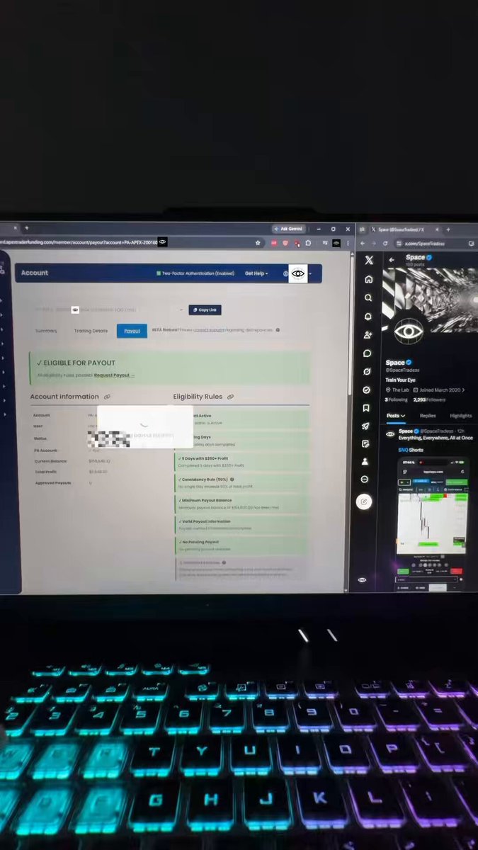 The image shows a laptop screen with an alert saying that the user has been paid $25,000 by @ApexTradeFund. The screenshot also displays some of the funds being dispersed to several social media platforms including Twitter, Instagram, Flickr, and Facebook. Additionally, there is a keyboard placed on top of the laptop displaying the message, and text in multiple colors surrounding this scene. The image seems to be unrelated to the post about the person being paid for their work by @ApexTradeFund but may possibly be some form of advertisement or sponsorship deal.