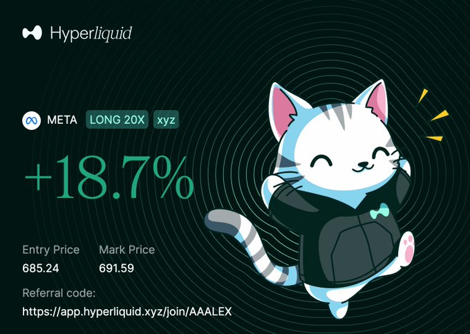 A Hyperliquid crypto graphic shows a cartoon cat, “META LONG 20X,” a gain of “+18.7%,” entry price 685.24, mark price 691.59, and referral link “https://app.hyperliquid.xyz/join/AAAALEX.”
