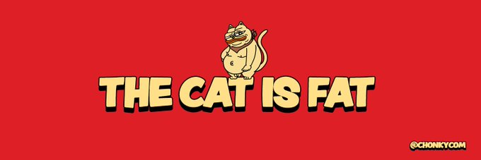 A cartoon illustration features a plump cat standing on a red background with the text "THE CAT IS FAT" and a "@CHONKYCOM" watermark.