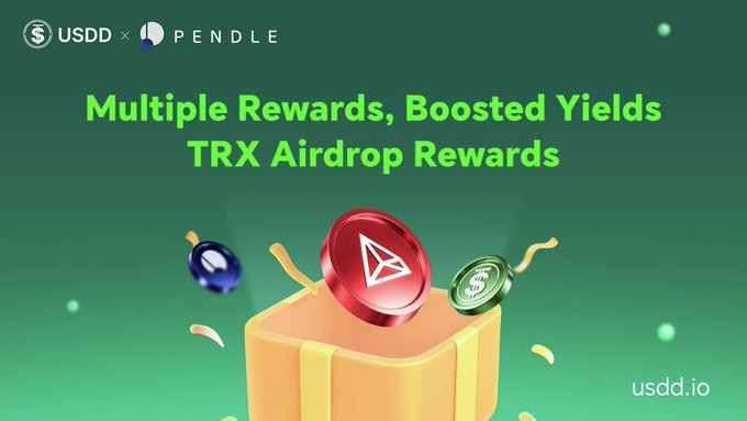 The image features a yellow box with red coins inside, surrounded by green confetti. The text "Multiple rewards, boosted yields" is displayed above the box, while the phrase "TRX Airdrop Rewards" is written below it. This suggests that there are multiple reward layers in this particular yield stack, which could be related to TRX incentives or other forms of digital tokens. The combination of these layers makes the yield opportunities around sUSDD particularly interesting and attractive for investors looking to diversify their portfolios with different types of assets.