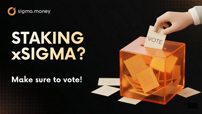 The image features a person's hand holding an orange envelope, which has a white paper with black text inside of it that reads "Vote x Sigma?". The background of the image is black, making the orange envelope stand out prominently.