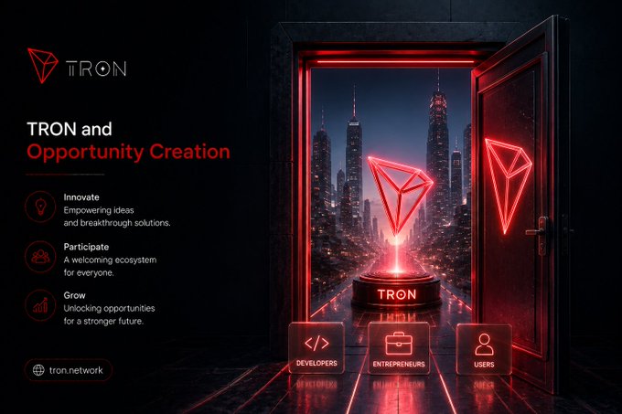 A promotional graphic for 'TRON and Opportunity Creation' featuring a glowing red TRON logo in a futuristic cityscape, with bullet points for Innovate, Participate, and Grow.