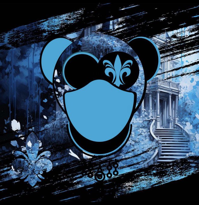 A stylized Mickey Mouse silhouette wearing a blue face mask is set against a dark, grungy background featuring a blue-tinted mansion staircase and decorative fleur-de-lis motifs, fitting the post's "#SavageNFT of the Day" theme as a digital collectible art piece.