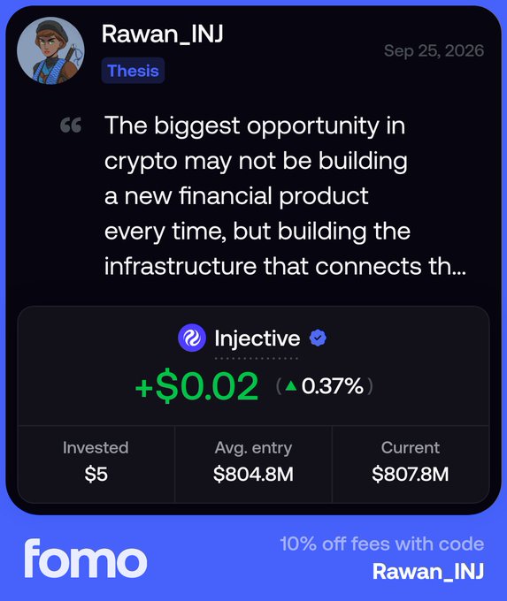 Fomo app post by Rawan_INJ dated Sep 25, 2026 featuring a thesis quote about crypto infrastructure, with Injective token showing +$0.02 (▲0.37%) and a 10% off fees promo code.