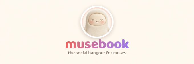 A cream-toned banner image featuring a cute, smiling hooded character (resembling a dumpling) above the text "musebook - the social hangout for muses," serving as the new banner for the $musebook community on Moby.