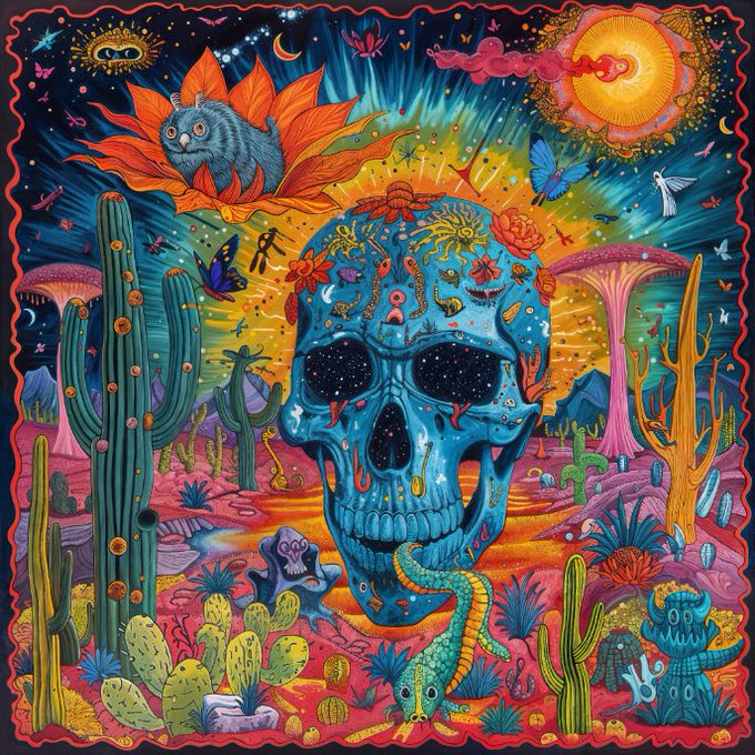 A vibrant, psychedelic illustration featuring a decorated blue sugar skull surrounded by cacti, a cat in a flower, suns, moons, butterflies, and snakes in a desert landscape.