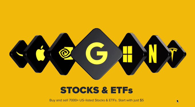 The image features a yellow background with black diamond shapes arranged horizontally across it. The text "Stocks & ETFs" is written in white letters below these diamond shapes, indicating that this is an advertisement for stock trading services. The text also mentions Bitcoin, stablecoins, and digital assets, suggesting that the platform offers various investment options beyond traditional stocks and ETFs.