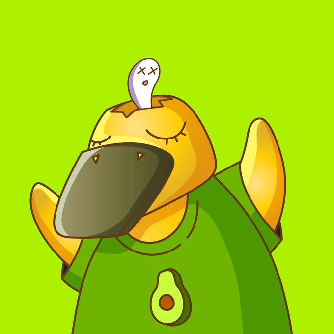 A cartoon illustration of a platypus wearing a green avocado-themed hoodie with a bone sticking out of its head against a bright green background.