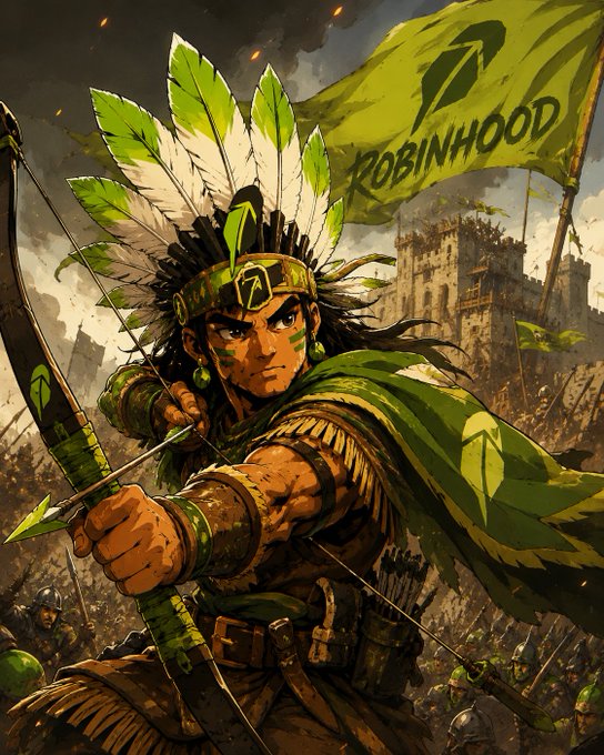A stylized warrior illustration features an archer wearing a feathered headdress and green cloak drawing a bow, with a green flag reading 'ROBINHOOD' and a castle in the background.