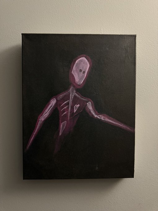 A small canvas painting mounted on a white wall, depicting a stylized skeletal figure rendered in deep purple tones with a pale lavender face and a small heart shape on its chest, set against a dark background.
