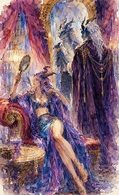 A fantasy painting depicting a woman in purple and teal attire seated on an ornate chair, holding a mirror, while a bearded wizard-like figure in dark robes stands beside her in a lavish, dimly lit chamber.