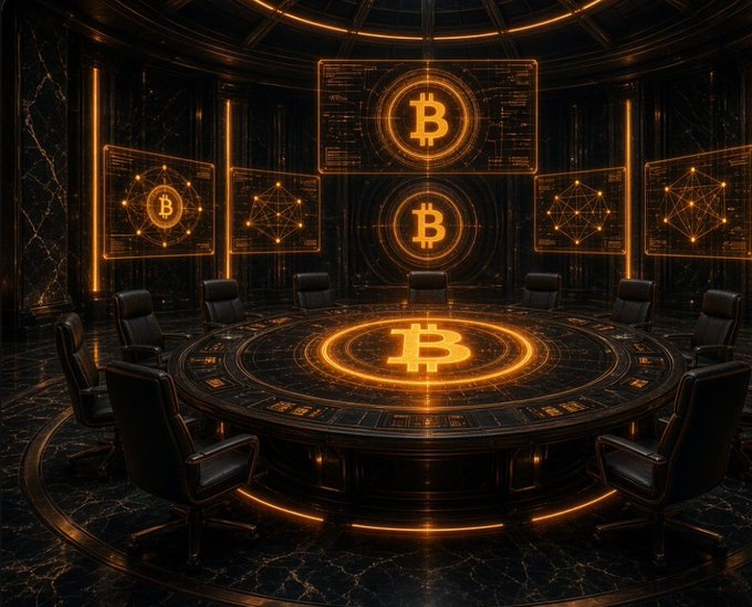 A futuristic, dark-themed 3D rendering of a circular meeting room with black leather chairs, featuring glowing orange Bitcoin logos on the central table and holographic screens on the walls.