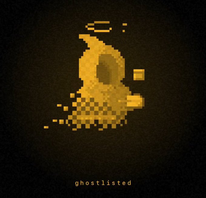 A pixelated golden ghost with a halo and glitch effect appears against a dark background, with the text "ghostlisted" displayed below. The image visually reinforces the post's theme of privacy and anonymity in the Zcash ecosystem, with the ghostly figure symbolizing the project's identity-hiding ethos and the "ghostlisted" text playing on the term "listed" to emphasize being invisible or unlisted.